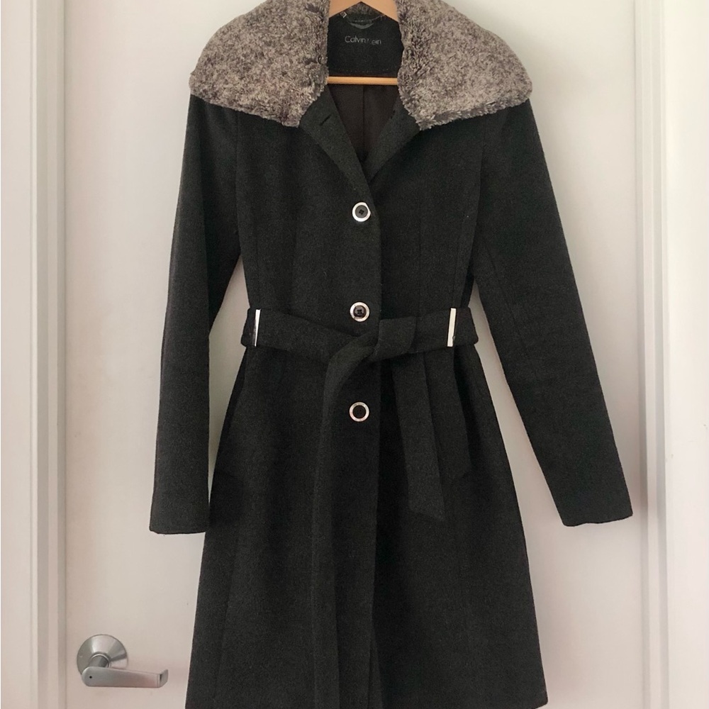 Calvin Klein Dark Gray Coat with Faux Fur Collar